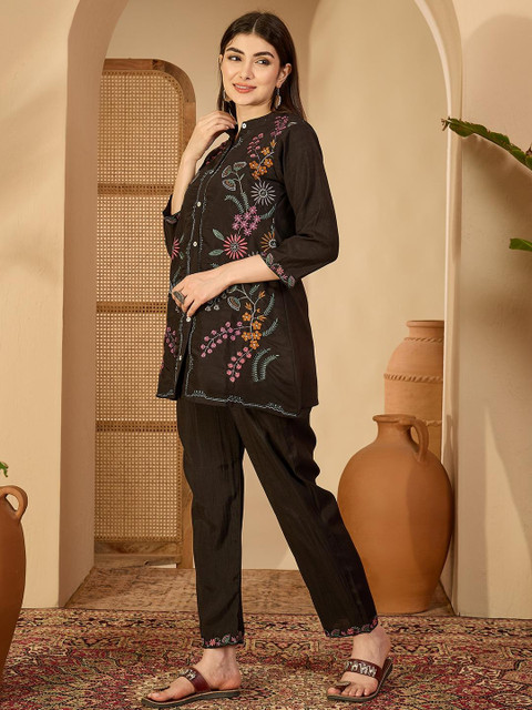 Sangria Black Embroidered Shirt Style Top with Straight Fit Trouser - Image 3