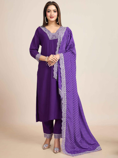 KALINI Women Purple Viscose Rayon Embroidered Kurta Sets