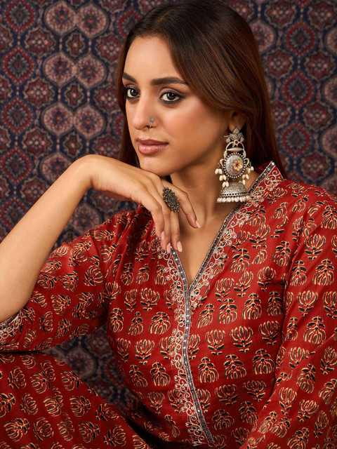 Indo Era Floral Printed V-Neck Pure Cotton Tunic With Trousers