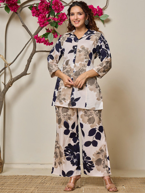 Casual Printed Shirt Collar Tunic with Palazzo