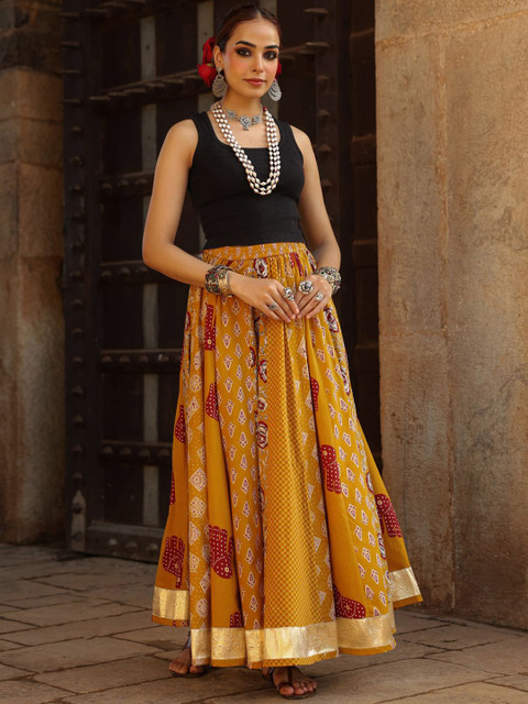 anayna Printed Cotton Flared Maxi Skirt