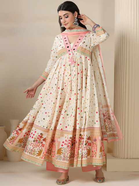 Mizaz Women Floral Printed Cotton Anarkali Kurta with Trousers & Dupatta