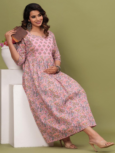 Style Heaven Women Pink Floral Printed Gotta Patti Pure Cotton Maternity Angrakha Kurti