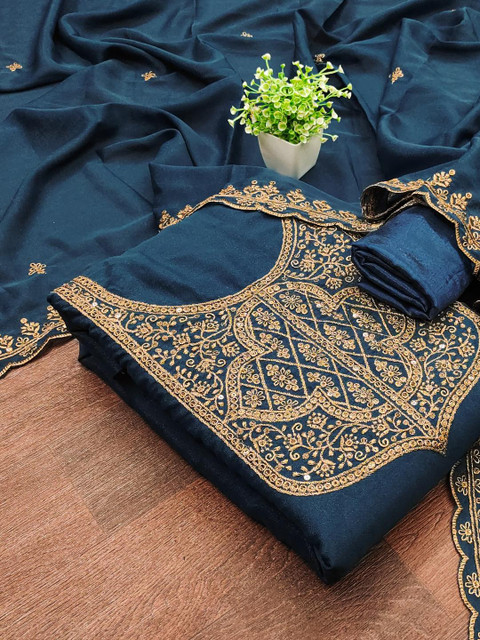 KALINI Women Teal Embroidered Geometric Dress Material