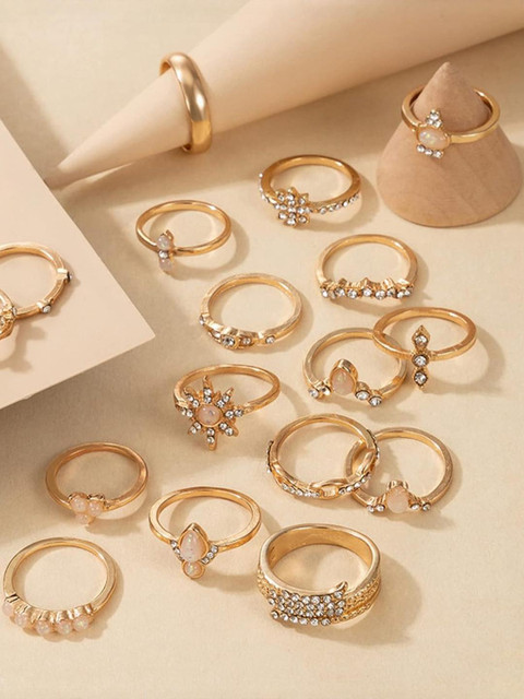 DressBerry Women Set of 17 Cubic Zirconia Gold-Plated Plushy Rings