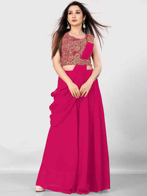 Pantos Embroidered Georgette Ready To Wear Draped Lehenga & Blouse With Dupatta
