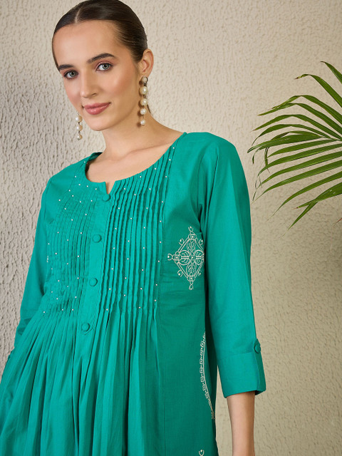 Indo Era Embroidered Notch Neck Pure Cotton Kurta & Trousers