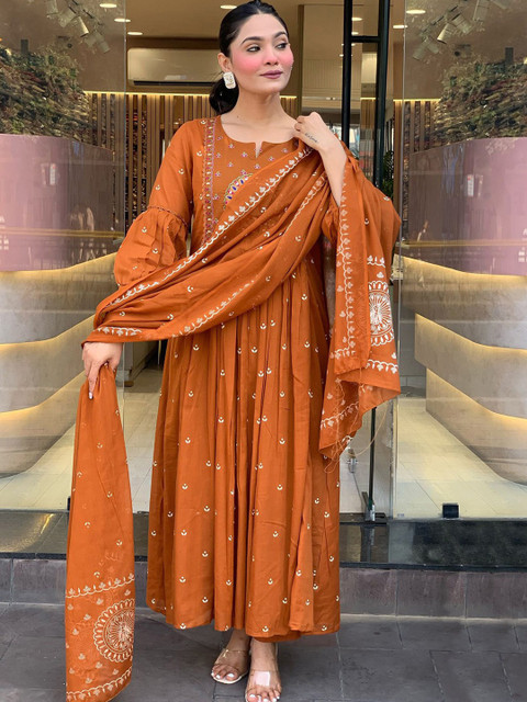 KALINI Women Woven Design Embroidered Anarkali Kurta with Trousers & Dupatta