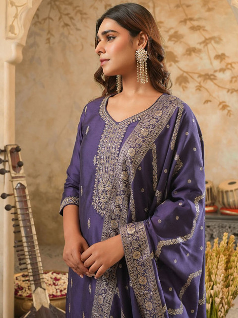 Indo Era Floral Embroidered Round Neck Zari Straight Kurta & Trousers With Dupatta