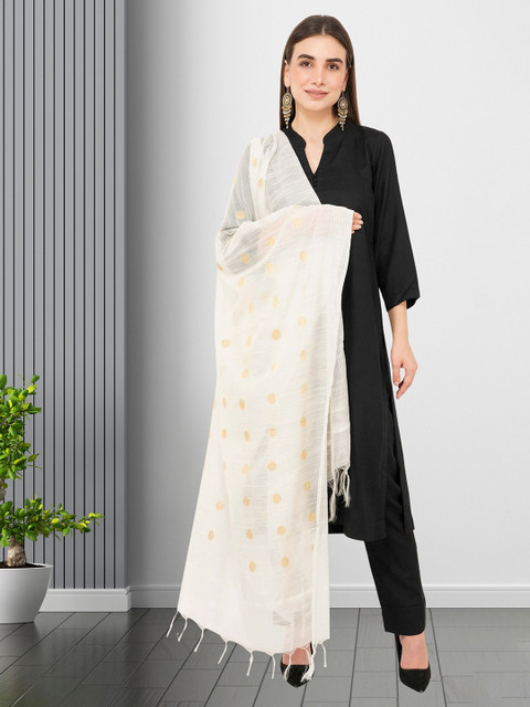 Rhe-Ana Women Off White & Gold-Toned Ethnic Motifs Woven Design Art Silk Dupatta