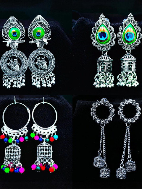 ANNORA INTERNATIONAL Combo Of 4 Silver Alloy Oxidised Jhumkas