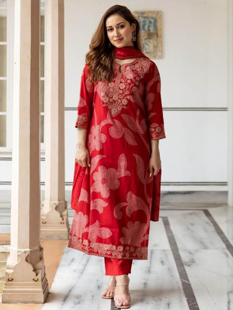 KALINI Women Red Jute Cotton Kurta Sets