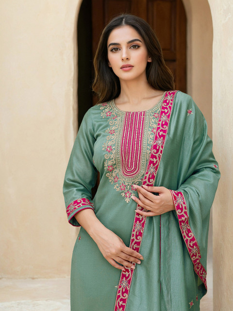 Skylee Pop Floral Embroidered Sequinned Straight Kurta With Trousers & Dupatta