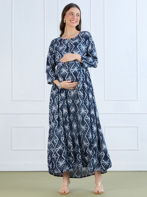 MomToBe Women Navy Geometric Print Rayon Maternity Maxi Dress