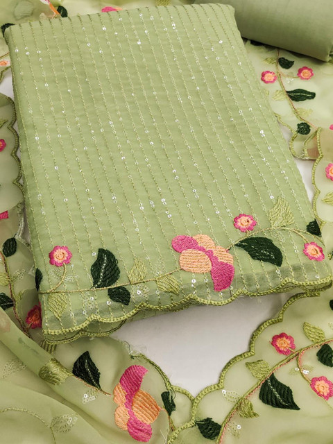 KALINI Women Green Embroidered Ethnic Motifs Dress Material