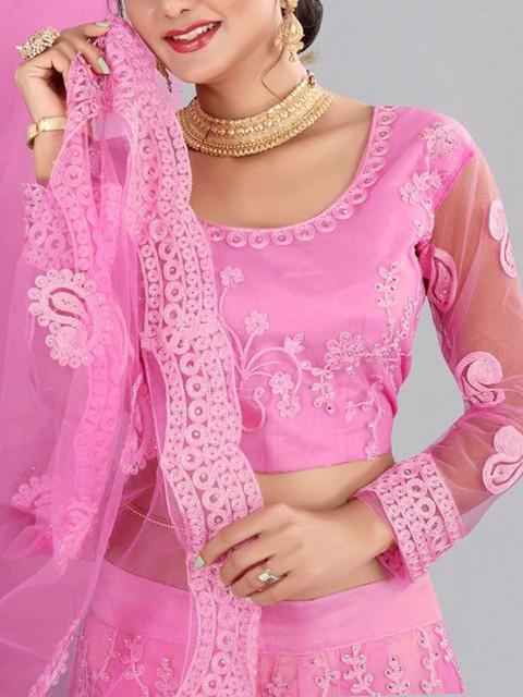 Warthy Ent Embroidered Thread Work Semi-Stitched Net Lehenga & Blouse With Dupatta - Image 2