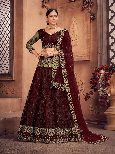 Warthy Ent Embroidered Thread Work Semi-Stitched Net Lehenga & Blouse With Dupatta