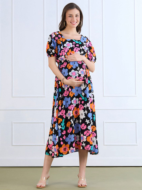 MomToBe Women Floral Print Puff Sleeve Maternity Fit and Flare Midi Dress
