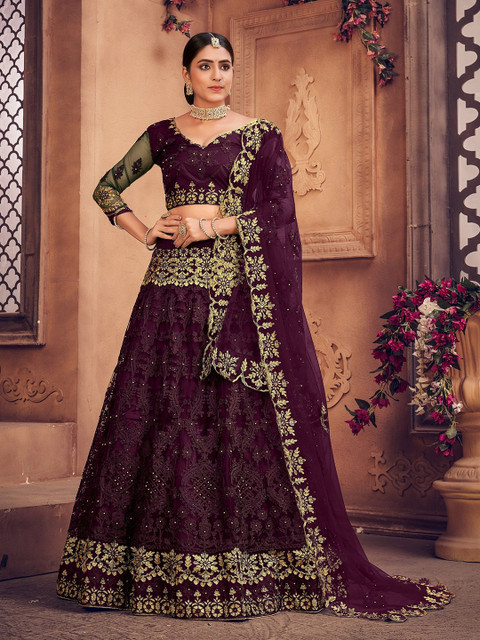 Warthy Ent Embroidered Thread Work Semi-Stitched Net Lehenga & Blouse With Dupatta