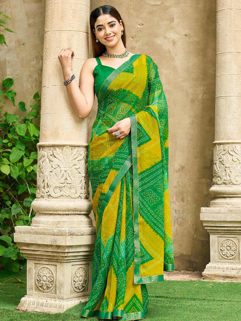 KALINI Green Poly Chiffon Printed Sarees