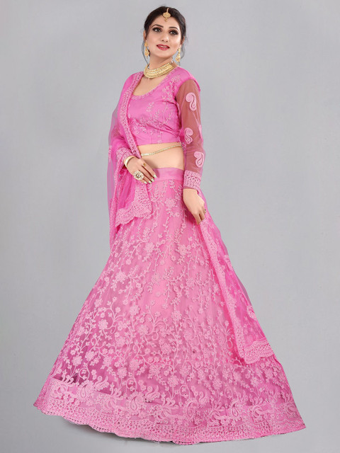 Warthy Ent Embroidered Thread Work Semi-Stitched Net Lehenga & Blouse With Dupatta - Image 3