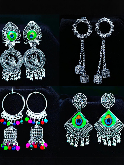 ANNORA INTERNATIONAL Women Pack of 4 Silver Oxidised Jhumkas Earrings