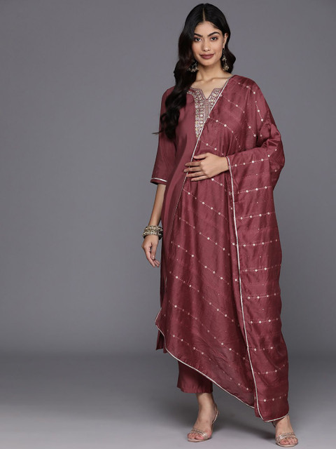 Gerua By Libas Floral Yoke Design Regular Sequinned Straight Kurta With Trousers & Dupatta