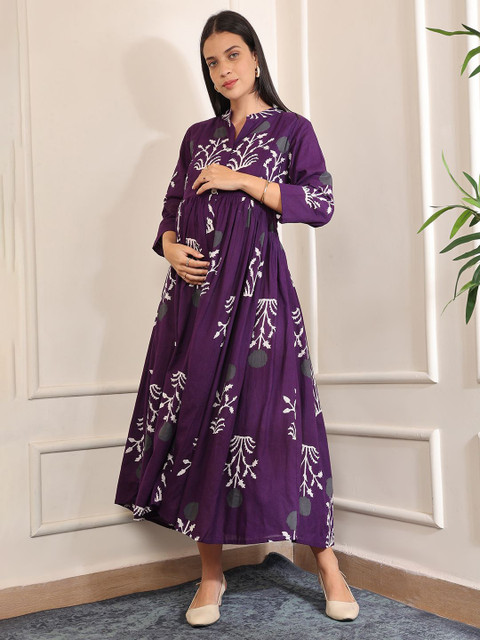 Aanyor Women Floral Printed Maternity Cotton Fit & Flare Midi Dress