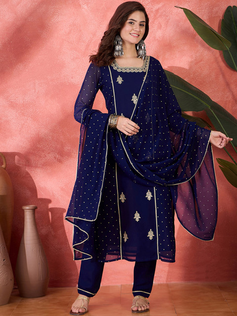 Sangria Women Zari Sequence Thread Embroidered Straight Kurta With Trousers & Dupatta