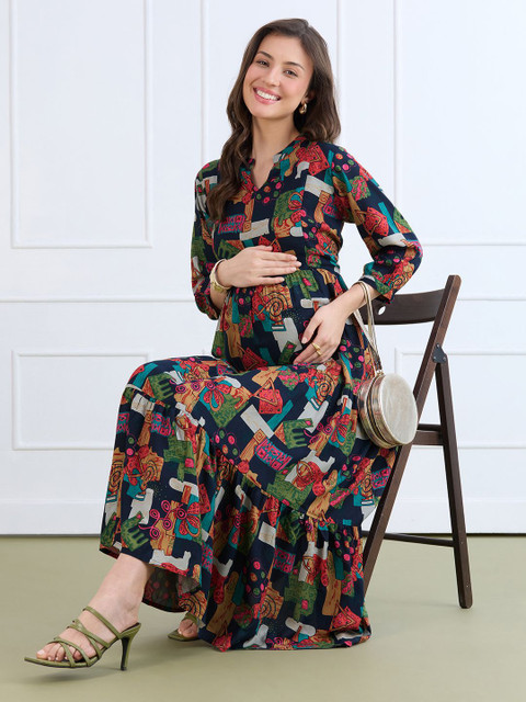 MomToBe Women Conversational Printed Maternity Fit and Flare Maxi Dress