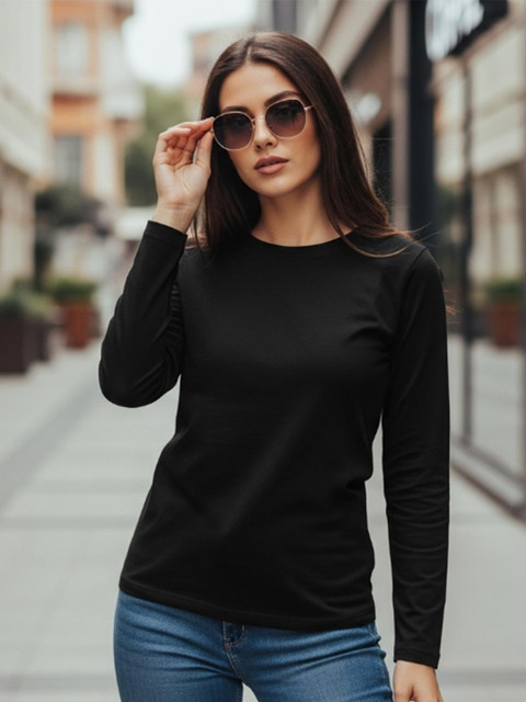 JUNEBERRY Women Brown Solid Round Neck Regular Fit Pure Cotton Full Sleeve T-Shirt