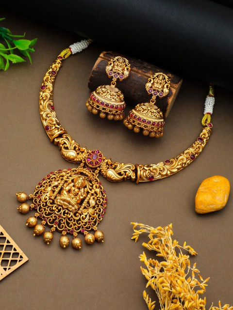 South Temple Jewellery Gold-Plated Artificial Stones Studded & Beaded Jewellery Set
