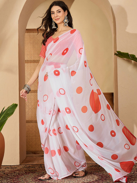 Sangria White Poly Georgette Printed Sarees
