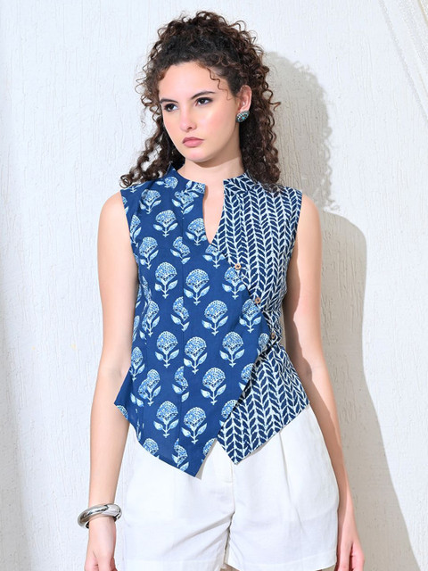 KALAMIR Neelam Floral Printed Mandarin Collar Cotton Vest Top