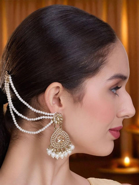 OOMPH Kundan Studded And Pearls Beaded Floral Shaped Drop Earrings With Chain