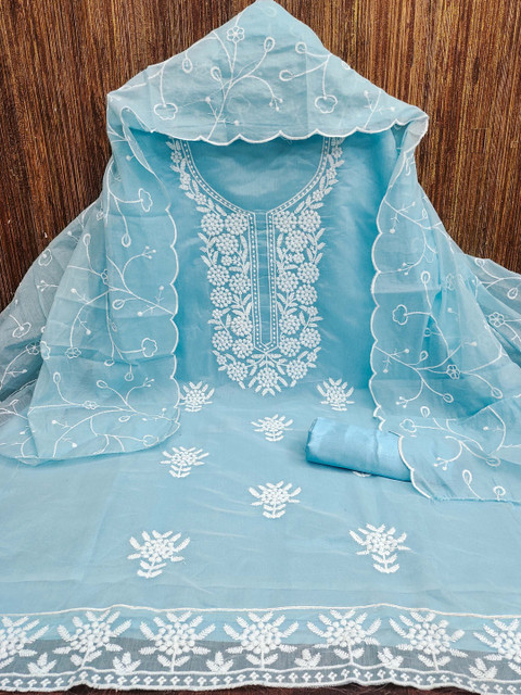 KALINI Women Sky Blue Chanderi Cotton Embroidered Unstitched Dress Material