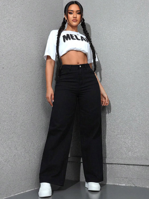 Hayler Women Jean Wide Leg Mid-Rise Slash Knee Stretchable Jeans