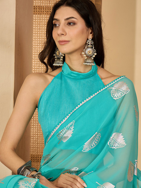 Sangria Turquoise Blue Poly Georgette Printed Sarees - Image 2