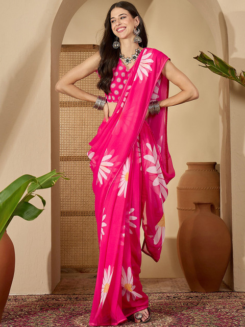 Sangria Pink Poly Georgette Printed Sarees