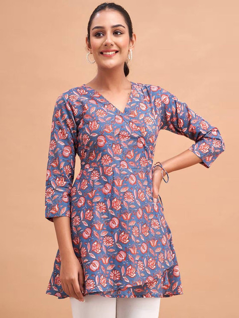 Rangun Women Floral Printed V-Neck Anarkali Short Kurti