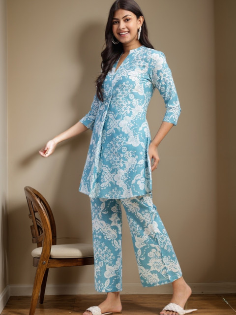 SZN Women Sky Blue Floral Print Flare Cotton Stitched Co Ord Set - Image 3