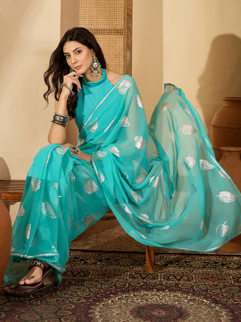 Sangria Turquoise Blue Poly Georgette Printed Sarees - Image 5