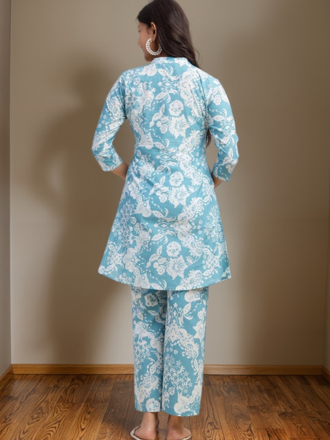 SZN Women Sky Blue Floral Print Flare Cotton Stitched Co Ord Set - Image 4