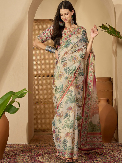 Sangria Beige Pure Linen Printed Sarees