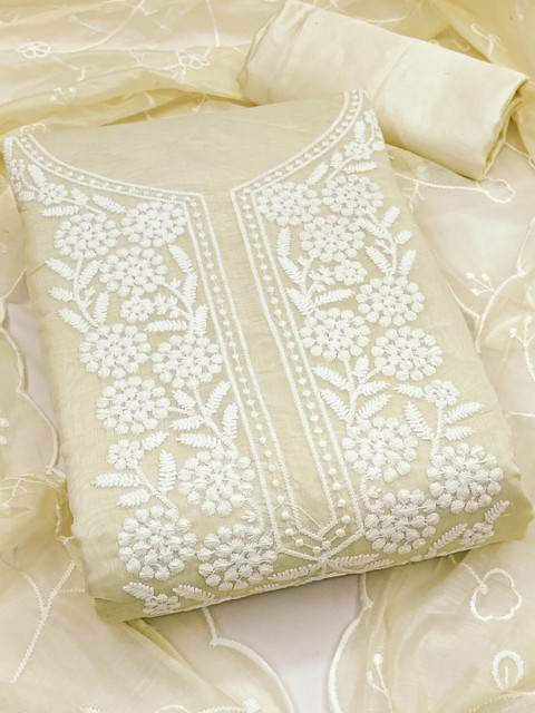 KALINI Women White Cotton Embroidered Unstitched Dress Material