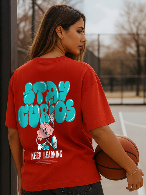 JUNEBERRY Women Red Typography Printed Relaxed Fit Pure Cotton Oversized T-shirt