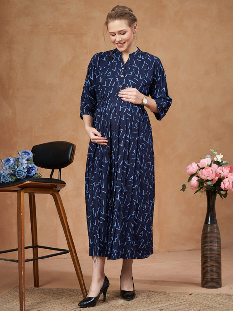 LOVELY MOM'S Shirt Collar Printed Maternity A-Line Midi Dress