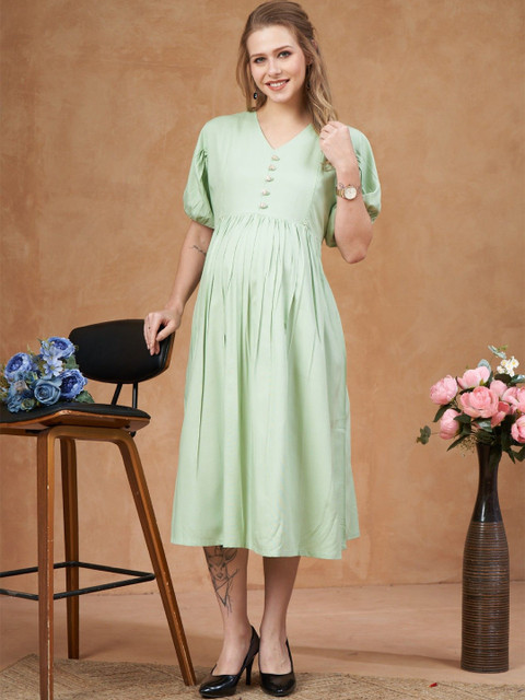 LOVELY MOM'S Maternity V-Neck A-Line Midi Dress