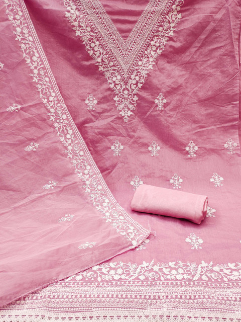 KALINI Women Baby Pink Chanderi Cotton Embroidered Unstitched Dress Material with Dupatta