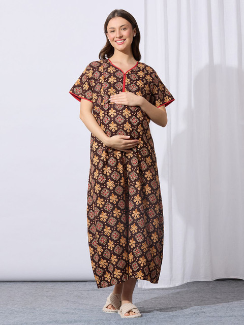 MomToBe Women Cotton Chestnut Brown Feeding Nighty